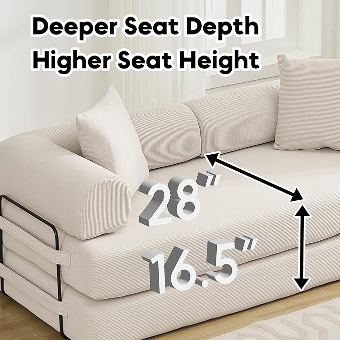 Convertible Sleeper Sofa Bed with Cylindrical Pillow, Corduroy Folding Mattress Couch with Fixed-Shape Frame, Floor Sofa Lounge Couch for Living Room Bedroom Lounge Studio, Beige