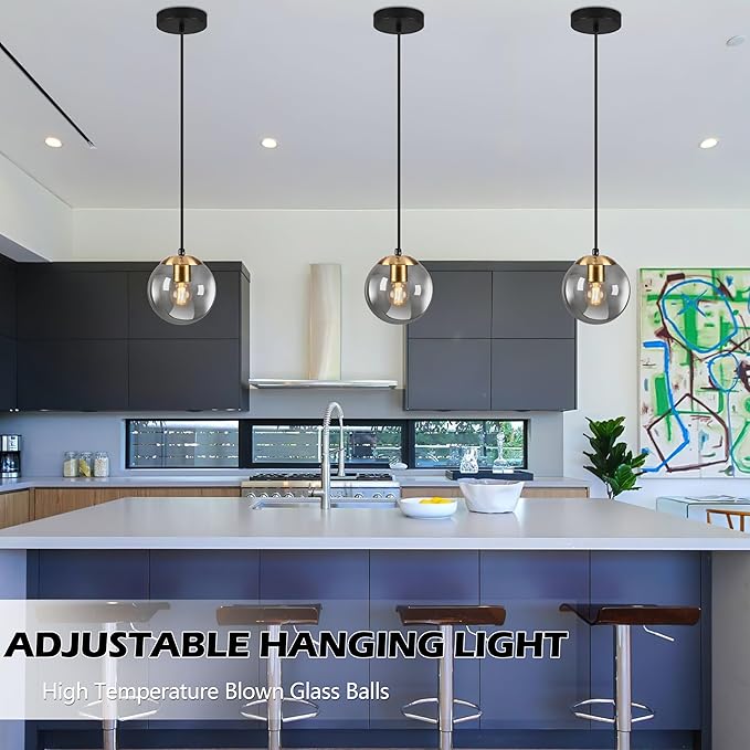 KoKo&Yukina 6 Inch Globe Pendant Light Gold Globe Pendant Lights Kitchen Island Mid Century Light Fixture with Grey Glass Shade for Dining Room (2 Pack)