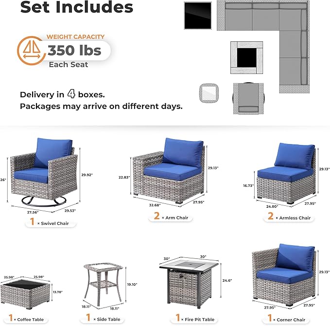 ovios 9 Pieces Patio Furniture Set, Outdoor Wicker Sectional Sofa with 30" Fire Pit Table Swivel Chair, Modern Modular Deep Seat Rattan Couch Conversation Sets, Navy Blue