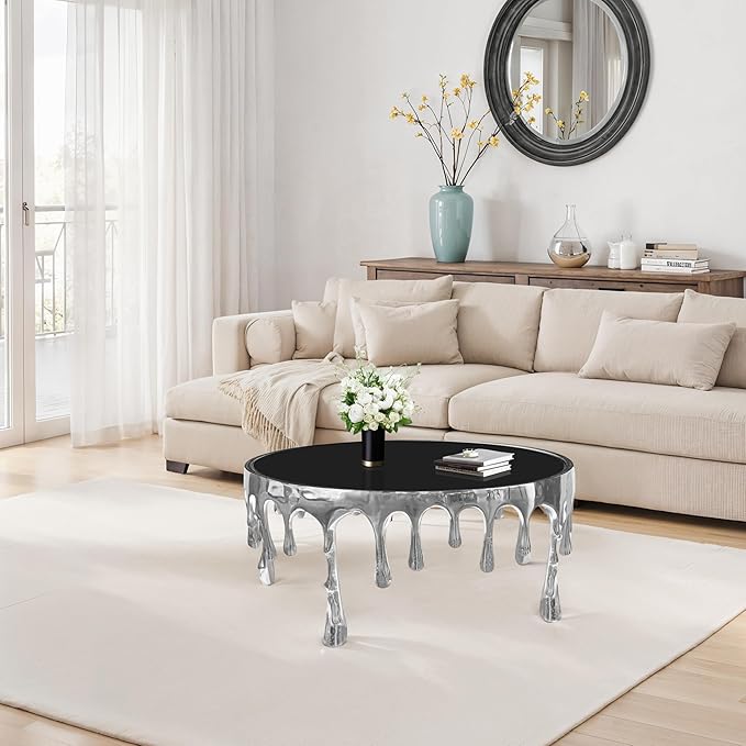 TUP THE URBAN PORT Capri Coffee Table | 36 Inch Round Glass Top | Melting Drip Design | Silver