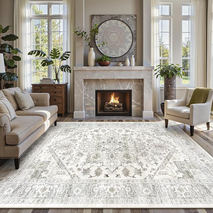 LIVEBOX Washable Area Rug 8x10 - Large Beige Vintage Tribal Living Room Rug Oriental for Bedroom, Non-Slip Retro Medallion Carpet Print Distressed for Dining Room Guest Office