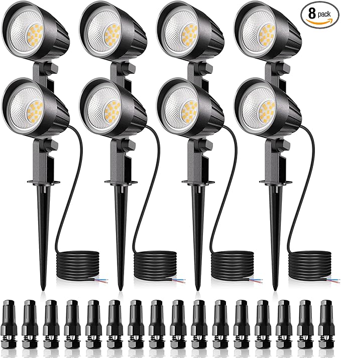 MEIKEE 7W 800lm Low Voltage Landscape Lights, 12V 24V LED Landscape Lighting with Connectors, 2700K IP66 Waterproof Outdoor LED Spotlights for Garden Pathway Yard Decoration (8 Pack)