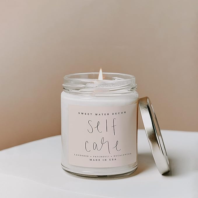 Sweet Water Decor Self Care Soy Candle - Patchouli Eucalyptus & Lavender Candles for Home - 100% Cotton Wick & Spa Scented Soy Wax Candles with 40 Hour Burn Time - 9oz Clear Jar - Made in The USA