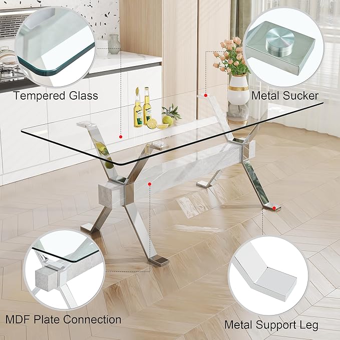 79" Glass Dining Table, Modern Kitchen Table, Modern Dining Table Set for 6, 0.5" Thick Tempered Glass Tabletop with Silver Chrome Metal Legs and Grey Crossbar, Ideal for Dining Room, Kitchen