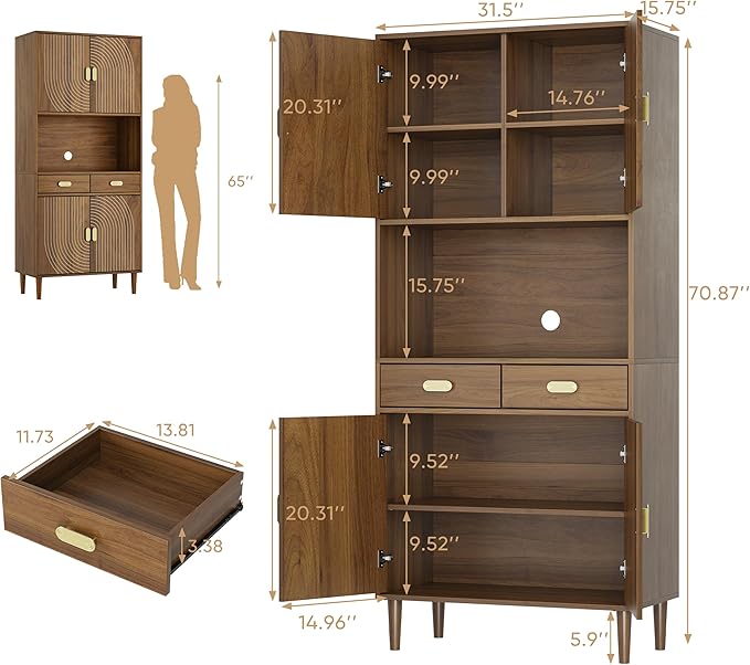Smuxee 70.87" Walnut Kitchen Pantry Cabinet, Tall Food Pantry Cabinet with Line Groove Design, Kitchen Hutch with Microwave Stand for Dining Room Living Room