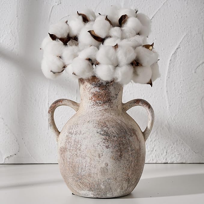 SIDUCAL Rustic Ceramic Farmhouse Flower Vase with 2 Handles, Whitewashed Terra Cotta Vase, Decorative Pottery Flower for Home Decor, Table, Living Room, Shelf Decor, 7.3 Inch, Terra