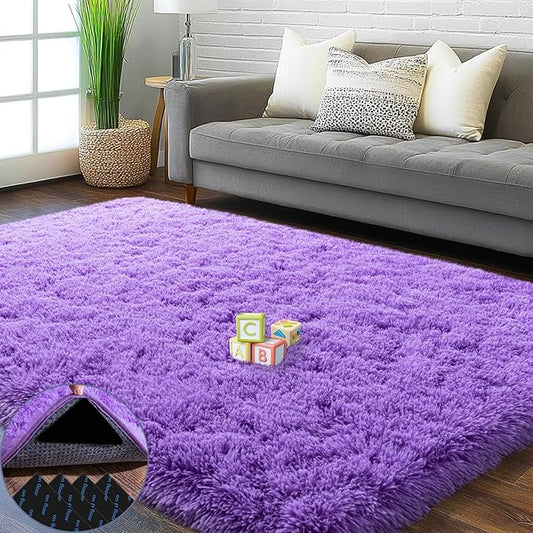 4x6 Area Rug for Bedroom, Purple Rugs for Living Room Nursery Kids Room Dorm Home Decor Aesthetic, Fluffy Shaggy Rug with 4 Anti-Slip Carpet Tapes