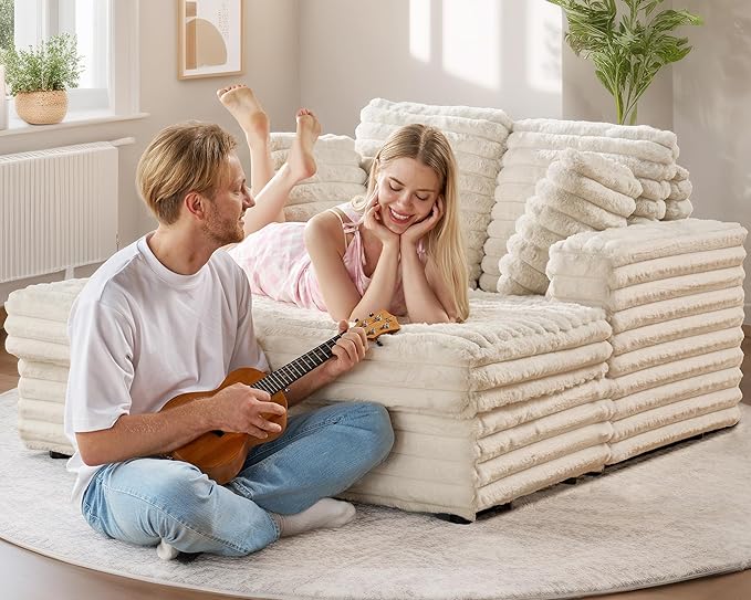 VanAcc 53 Inch Chaise Lounge Indoor, Plush Sleeper Chair with Throw Pillows, Upholstered Sofa Bed with Armrests, Plush Chair Bed for Living Room(Creamy White)
