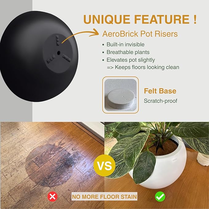 7.7" H x 22" D Round Bowl Fiberstone Planter for Succulent and Lotus, Drainage Hole, Weather Resistant for Indoor and Outdoor Use, Included 2 Extra Coco Mats (Black, 19.9" Pot Opening)