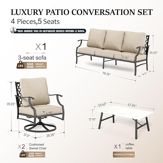 HERA'S HOUSE 4 Piece Patio Furniture Set, 2 x Swivel Cushioned Chair, 3-Seat Sofa with Marbling Coffee Table, All Weather Outdoor Conversation Set for Lawn Garden Backyard