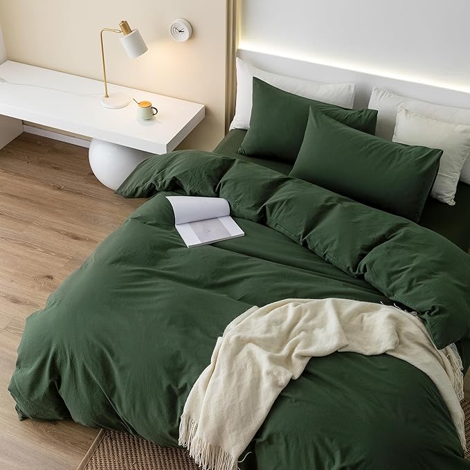 JIYUAN 100% Washed Cotton Duvet Cover Set 3 PCS Oversized King Plus, 1 Duvet Cover 128"x120"(Comforter Not Included) and 2 Pillowcases,Linen Feel Bedding Set Comfy and Breathable,Forest Green