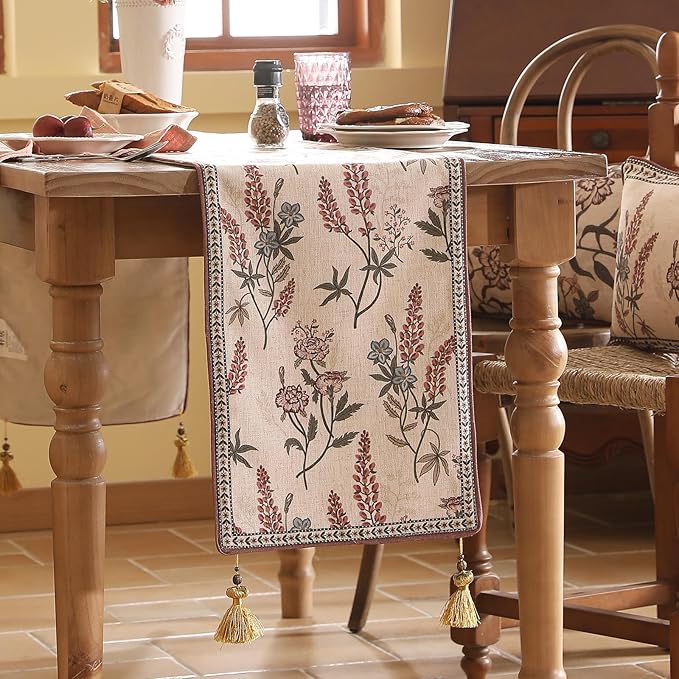 Designer Light Beige Linen Extra Long Table Runner 118 Inches,Vintage Floral Wrinkle Resistant Table Runners for Dining Tables,Christmas,Thanksgiving,Kitchen Tables,12"*118"-Helena A