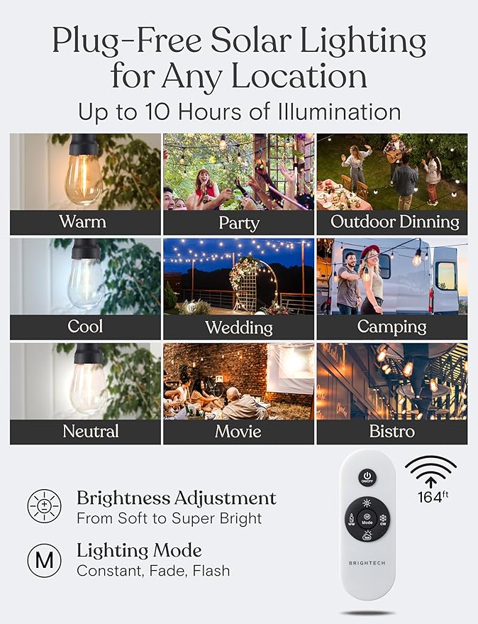 Brightech 104 (52x2) FT Ambience Pro Solar Powered Outdoor LED String Lights - Waterproof Remote Control Lights - 48 Bulbs, 7W Solar Powered Color Changing White Light for Camping, Patio, Garden