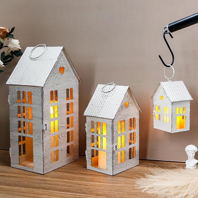 TRIROCKS 3 Pcs Decorative Vintage Mantel Shelf Tea Light Lanterns 13.5"&9.5"&5.5" H Modern Farmhouse Candle Holders for Home Garden Yard Patio Wedding Parties Christmas Indoors Outdoors(Cream White)