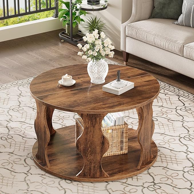 HSH Round Wood Coffee Table, Rustic Brown Circle Center Table with Storage, Farmhouse Wooden Living Room Coffee Tea Tables in Small Room, Unique Vintage 2 Tier Circular Middle Cocktail Table, 31.5 in