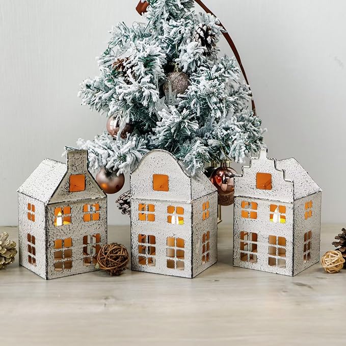 TRIROCKS Set of 3 Vintage Decorative Candle Lantern 6”H Candle Lantern Small House Metal Candle Holder Perfect for Garden Yard Patio Wedding Parties Events Indoors