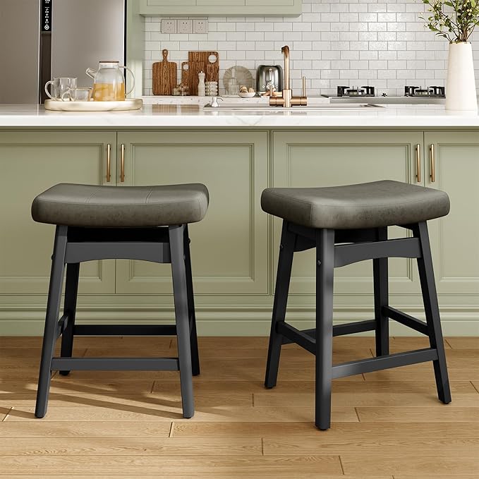 MAISON ARTS Grey Counter Height Bar Stool for Kitchen Counter Solid Wood Legs with Faux Leather Saddle Seat Farmhouse Barstool for 34"-38" Counter Island Upholstered Stool, 24in Height, 1pc