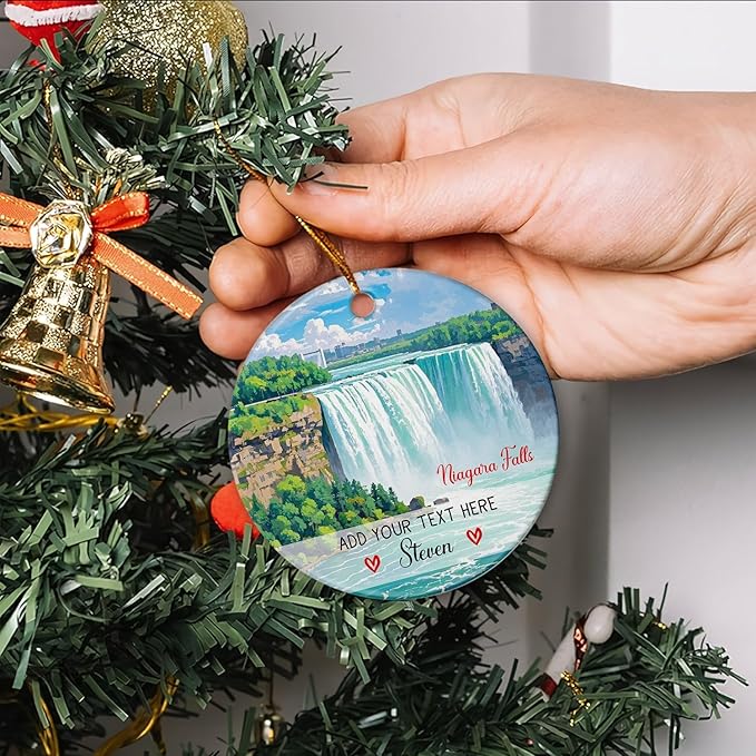 Personalized Niagara Falls Ceramic Christmas Tree Decorations Ornament 2025, USA Canada City Travel Souvenir Xmas Ornaments, Customized Text/Name Niagara Falls New York Ornament Gifts for Men Women