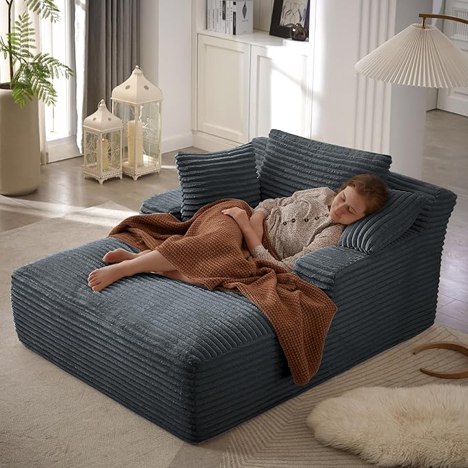 Boneless Couch Sofa Chiar Chaise Lounge Chair Indoor Upholstered Corduroy Couch Cloud Sleeper Sofa Oversized Reading Chair for Living Room No Assembly Required (Dark Grey, 50" W x 67" D)
