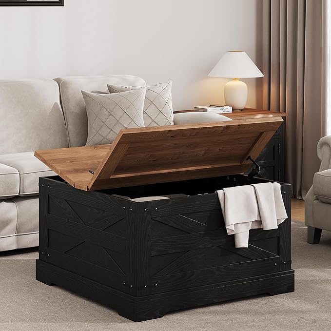 Farmhouse Coffee Table with Hidden Storage, Black Square Coffee Table for Living Room, Wood Large Center Table with Hinged Lift Top for Home, Office