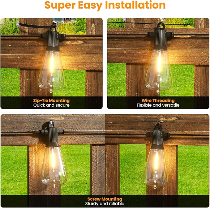 Kawaya Outdoor String Lights for Patio - ST38 Outside IP64 Waterproof Hanging Light with 2700k~6000k Dimmable - 100FT Led Edison Lights for Cafe Bistro Yard Gazebo Porch