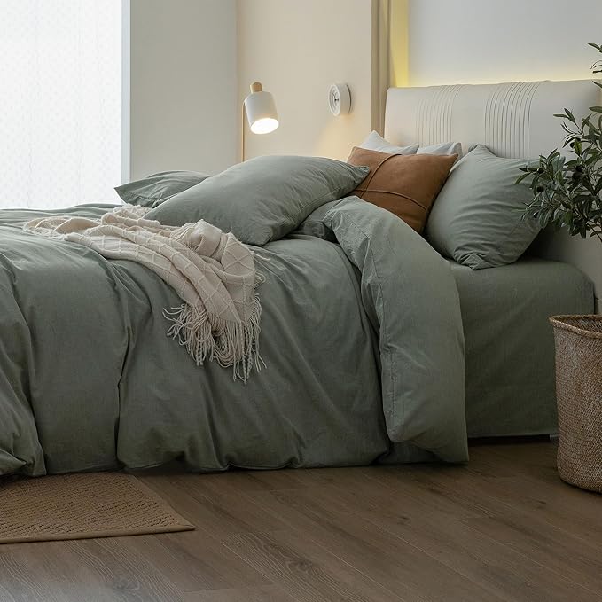 JIYUAN 100% Washed Cotton Duvet Cover Set 3 PCS Super King Plus, 1 Duvet Cover 120x120 Inches(Comforter Not Included) and 2 Pillowcases,Linen Feel Bedding Set Comfy and Breathable, Heathered Green