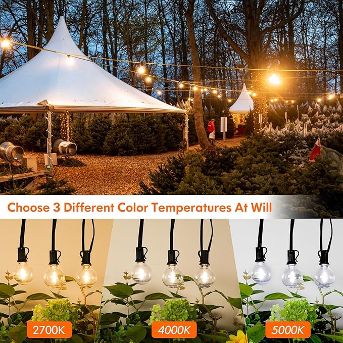 25FT LED Outdoor String Lights with 3 Color Lights, Dimmable String Lights for Outside with Remote, G40 Globe Waterproof Patio Lights with 12+1 Shatterproof Bulbs for Party Backyard BBQ House Camping