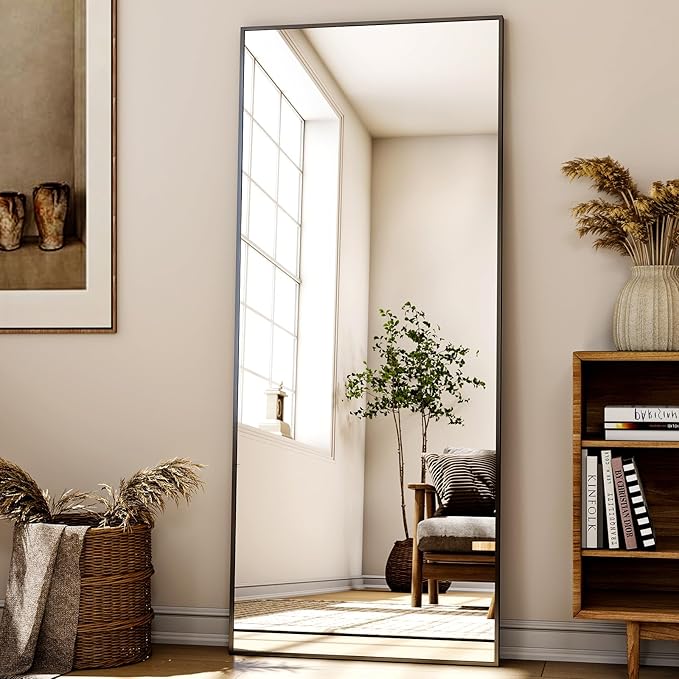 68"x 24" Full Length Mirror with Stand, Large Wall-Mounted or Leaning Floor Mirror with Aluminum Alloy Frame, Rectangular Wall Mirrors for Bedroom, Entryway, and Living Room Decor, Black
