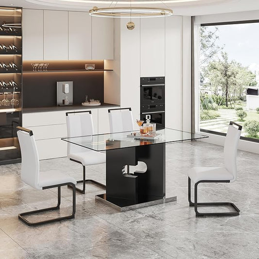 Glass Dining Table Set of 4, 63" Dinner Room Glass Table Set for 4, Modern Kitchen Dinner Table Set with 4 Upholstered Faux Leather Dining Chairs for Living Dining Office Room