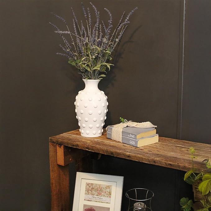 AuldHome Vintage White Hobnail Ceramic Vase, 11 inches tall, 5.4 inch diameter