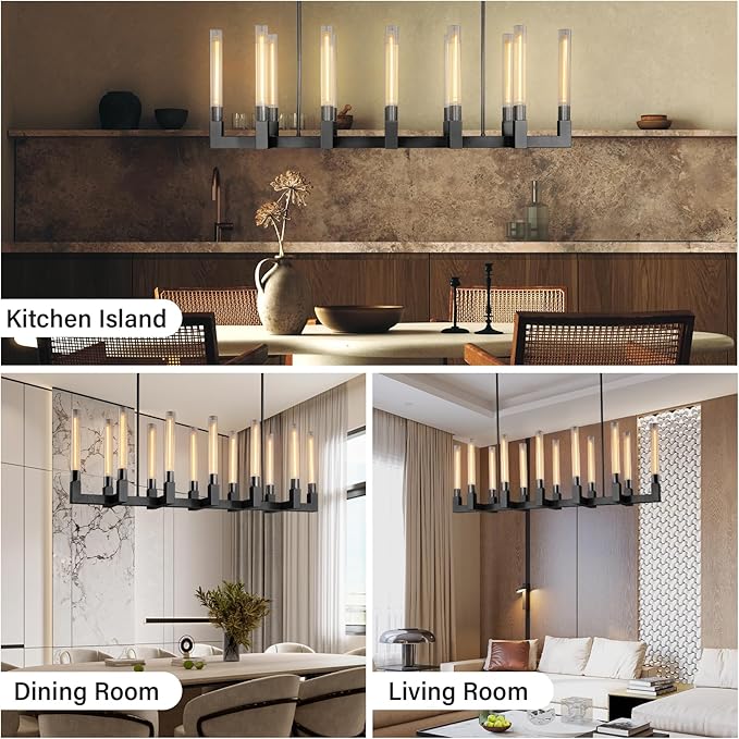 Black 12-Lights Modern Chandelier with Glass Tube, 54in Chandeliers Rectangular Luxurious Large Chandelier Fixture Ceiling Pendant Lighting for Dining Living Room, Foyer