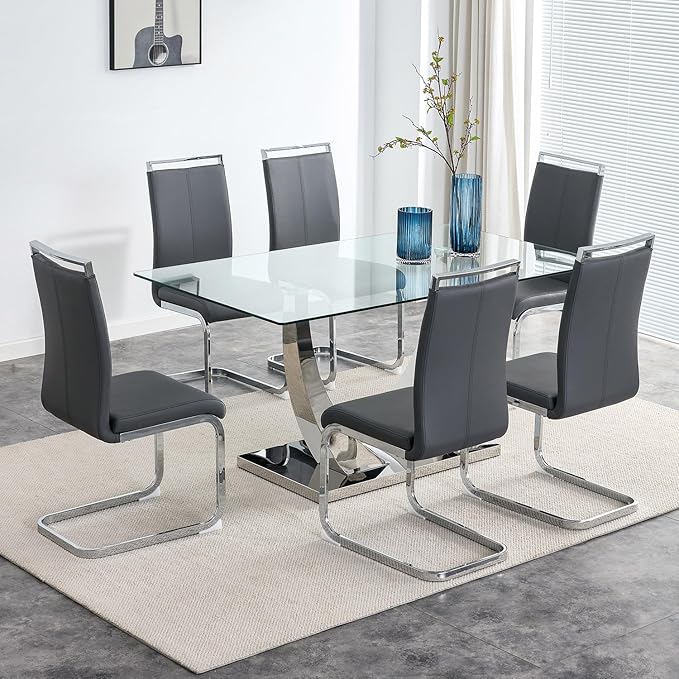 63” Glass Dining Table Set for 6,Modern Dining Room Table Set for 6,Kitchen Table and PU Leather Chairs for 6, Dinner Table with Rectangle Tempered Glass Top and Chrome Silver Base
