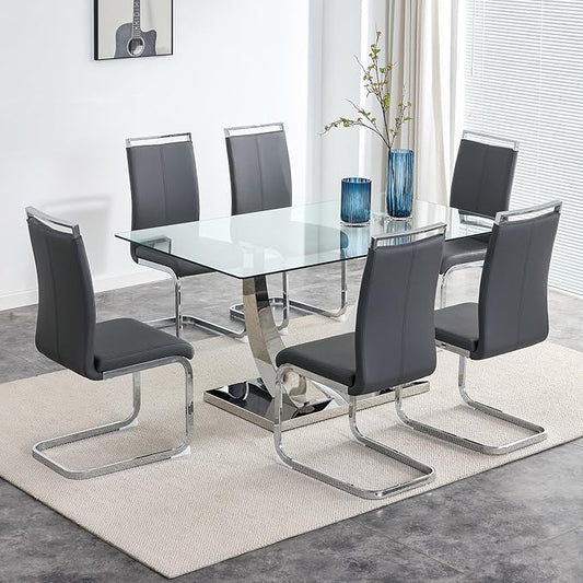 63” Glass Dining Table Set for 6,Modern Dining Room Table Set for 6,Kitchen Table and PU Leather Chairs for 6, Dinner Table with Rectangle Tempered Glass Top and Chrome Silver Base