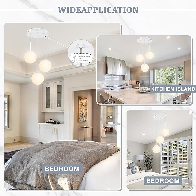 KoKo&Yukina Globe Pendant Light 3 Light White Globe Pendant Lights Kitchen Island Mid Century Light Fixture with Milky White Glass Shade for Dining Room Living Room