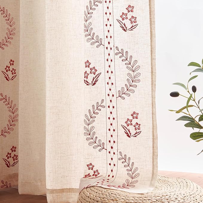 jinchan Belrose Linen Curtains for Bedroom Floral Curtains 84 Inch Length Linen Blend Burgundy Red Embroidered Drapes Farmhouse Flower Patterned Drapes for Living Room Window Treatments Set 2 Panels