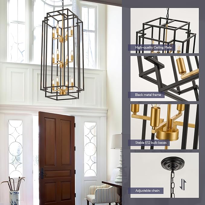 12-Light Lantern Tiered Pendant Light Fixtures, Black Metal Farmhouse Chandelier Hall Foyer Hanging Chandelier for Kitchen Island Dining Room Living Room Foyer Entryway, Black+Gold