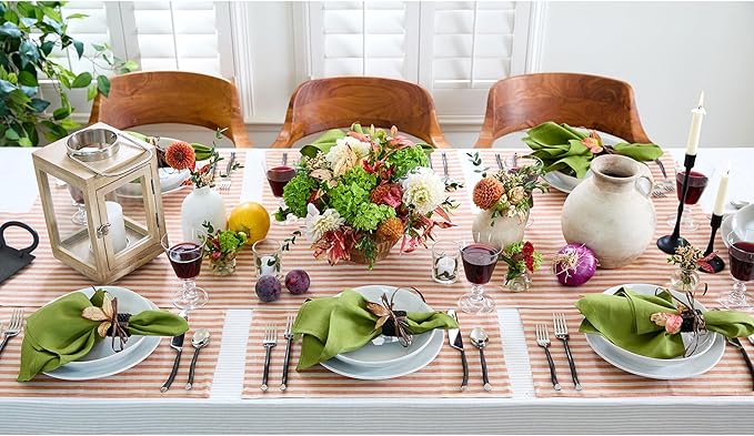 Solino Home Linen Placemats Set of 4 - Amalfi Stripe Pumpkin and Natural Placemats 14 x 19 Inch - 100% Pure Linen Place Mats for Fall, Autumn, Halloween, Thanksgiving