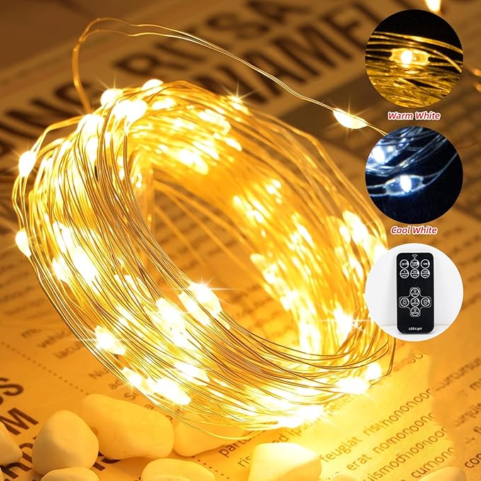 16FT 100LEDs Rechargeable Fairy Lights,Remote Control,3 Off Timers,Detachable Battery Operated,Tangle-Free Camping String Light,Twinkle for Christmas,Party,Wedding(Cool+Warm White,2Packs)