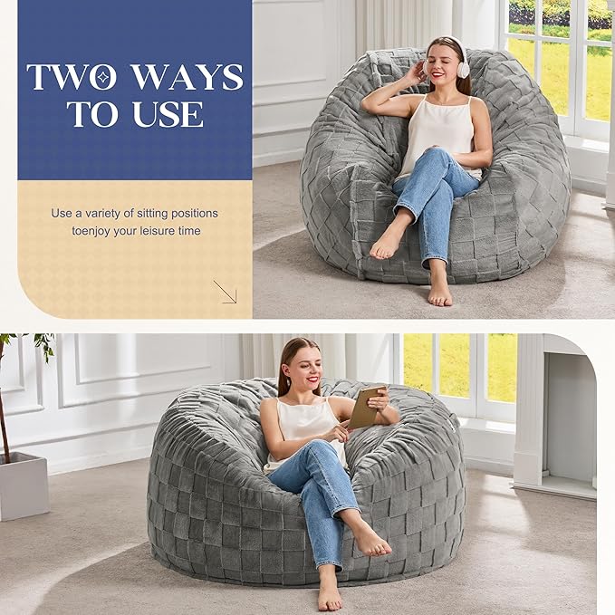 Hobestluk Bean Bag Chairs Beanbag Chair with Filler Adult Bean Bags with Fluffy Plaid Cover, Giant Bean Bag Chairs for Adults for Living Room, Bedroom (Grey, 4FT - 44” x 44” x 24”)