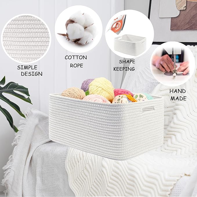 COMFY-HOMI 2 pcs Large Storage Baskets for Shelves, Laundry Basket, Woven Rope Basket, Closet Organizer Bins for Clothes Blanket Towels, Baby Nursery, Gift Toy Baskets, 17” x 13” x 7.5”-White