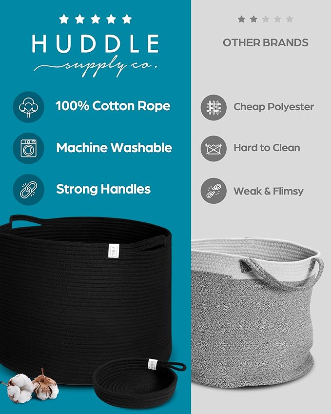 XXXXL WASHABLE Large Black Basket Blanket Basket Living Room 2PCs Toy Baskets Storage Kids Woven Rope XXX Extra Large Basket for Blankets,Pillows,Throws,Laundry + Small Basket | BIG Basket Blanket