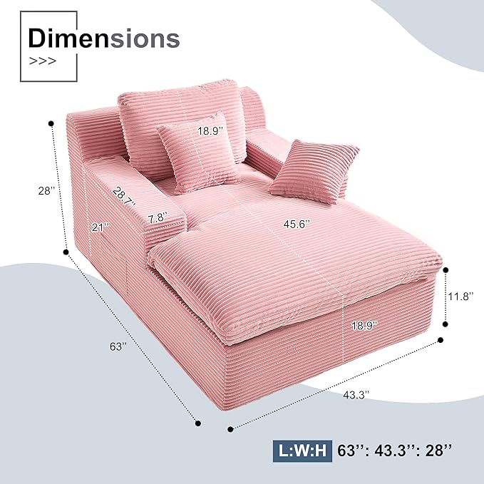 63" Oversized Chaise Lounge Chair Indoor, Extra Cloud Layer, Convertible Sleeper Sofa Couch with Removable Pillows & Side Pockets, Corduroy Upholstered Sofa Bed with Armrests for Living Room, Pink
