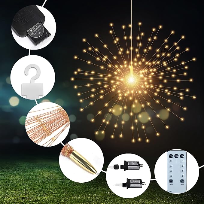 5 Pcs 1000 LED Plug-in Starburst Sphere Lights, Firework Light 8 Modes Dimmable Remote Control Waterproof Hanging Fairy Light, Copper Wire Lights for Patio Party Tent Christmas (Warm White)