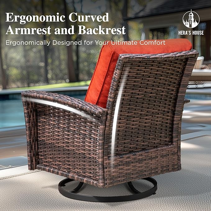 HERA'S HOUSE Outdoor Swivel Chairs with 5.5" Thick Cushions, 35" High Back Patio Furniture Sets, Oversized Wicker Rattan Chairs for Deck Balcony Backyard, Red