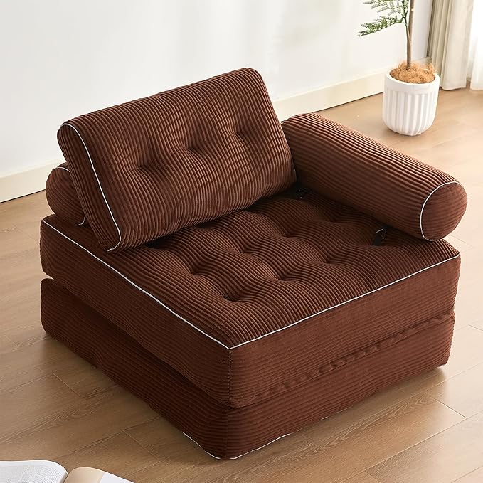 Plus Futon Sofa Bed for Small Spaces, Floor Couch with Armrest, Folding Sofa Couch, Convertible Sleeper Chair Bed with Pillow, Portable Comfy Floor Lounge for Living Room and Bedroom, Brown