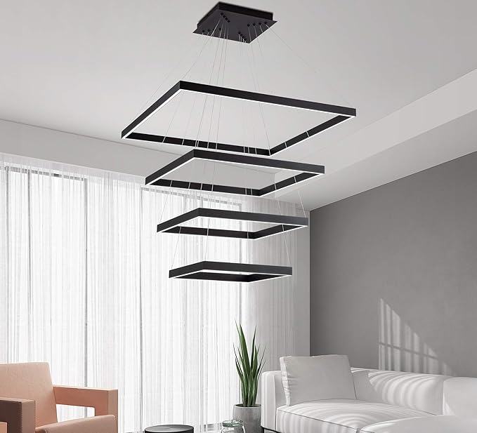 Square Led Chandelier Modern Hanging Light 4-Rings Contemporary Ceiling Pendant Light Dimmable Led Pendant Light for Living Room Kitchen Dining Room 15.7"+19.6"+23.6"+31.4" Black