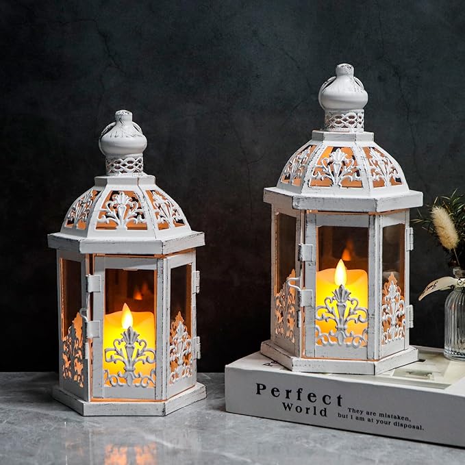 TRIROCKS Set of 2 Vintage Decorative Lanterns 9.5" H Hanging Lantern Metal Candleholder with Tempered Glass for Indoor Outdoor Home Decor Parties Garden Events Wedding(White with Grey Brush)