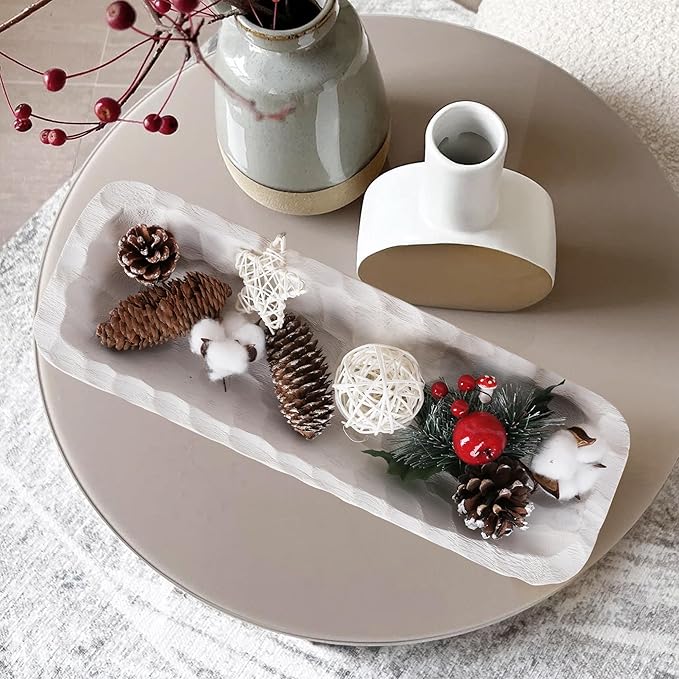 Decorative Bowl for Home Decor, Long Dough Bowl with Hand Carved Irregular Texture, Unique Table Centerpieces, Wooden Home Decor Accents for Farmhouse Boho Rustic Style(16.1"x 5.5" Washed White)