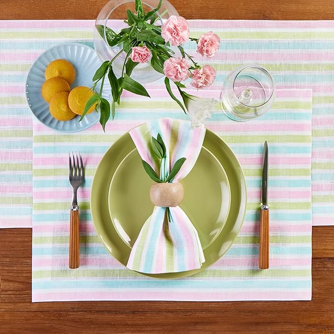 Solino Home Linen Cloth Placemats Set of 4-100% Pure Linen Multicolor Palm Beach Stripe Farmhouse Placemats 14 x 19 Inch