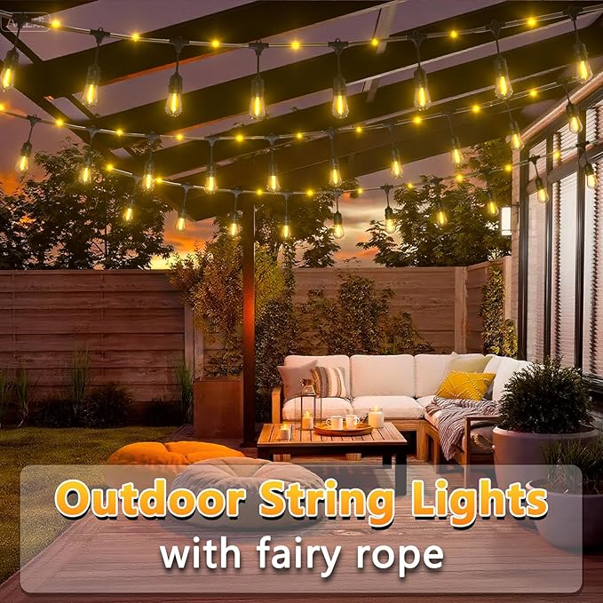 Outdoor String Lights with Lighted Tubing, 24 ft Outside String Lights with 13 (12+1spare) S14 Retro Bulbs & 72-LED Lighted Fairy Tubing, IP65 Waterproof &Connectable LED Light for Patio Bistro